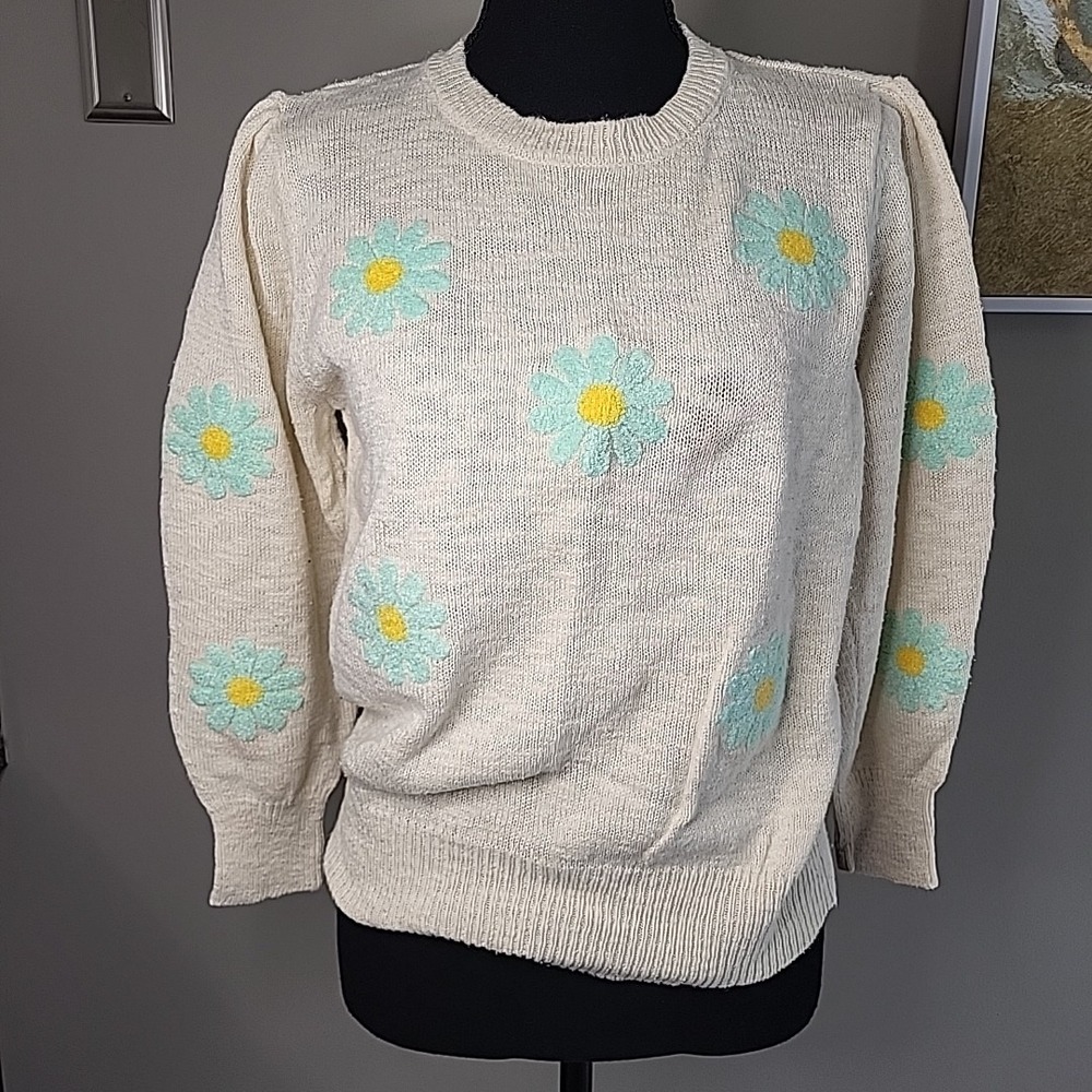 VINTAGE Cato Daisy Patch Lightweight Crewneck Sweater Teal Yellow Womens‎ Medium